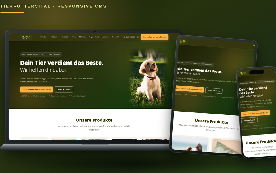 Tierfuttervital na laptopie, tablecie i smartfonie