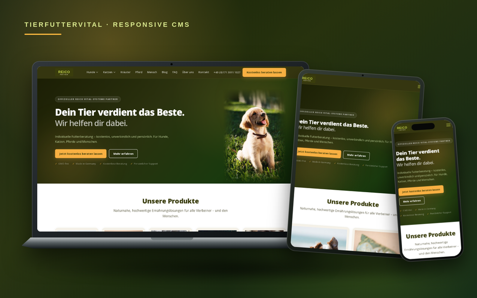 Tierfuttervital auf Laptop, Tablet und Smartphone