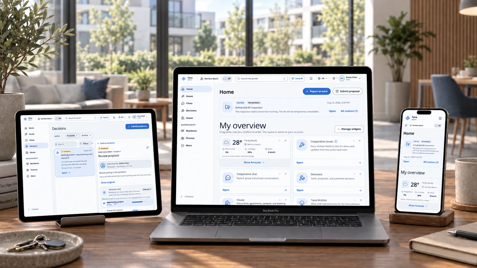 Tana on a MacBook, iPad and iPhone in an illustrative residential setting, with English demo views